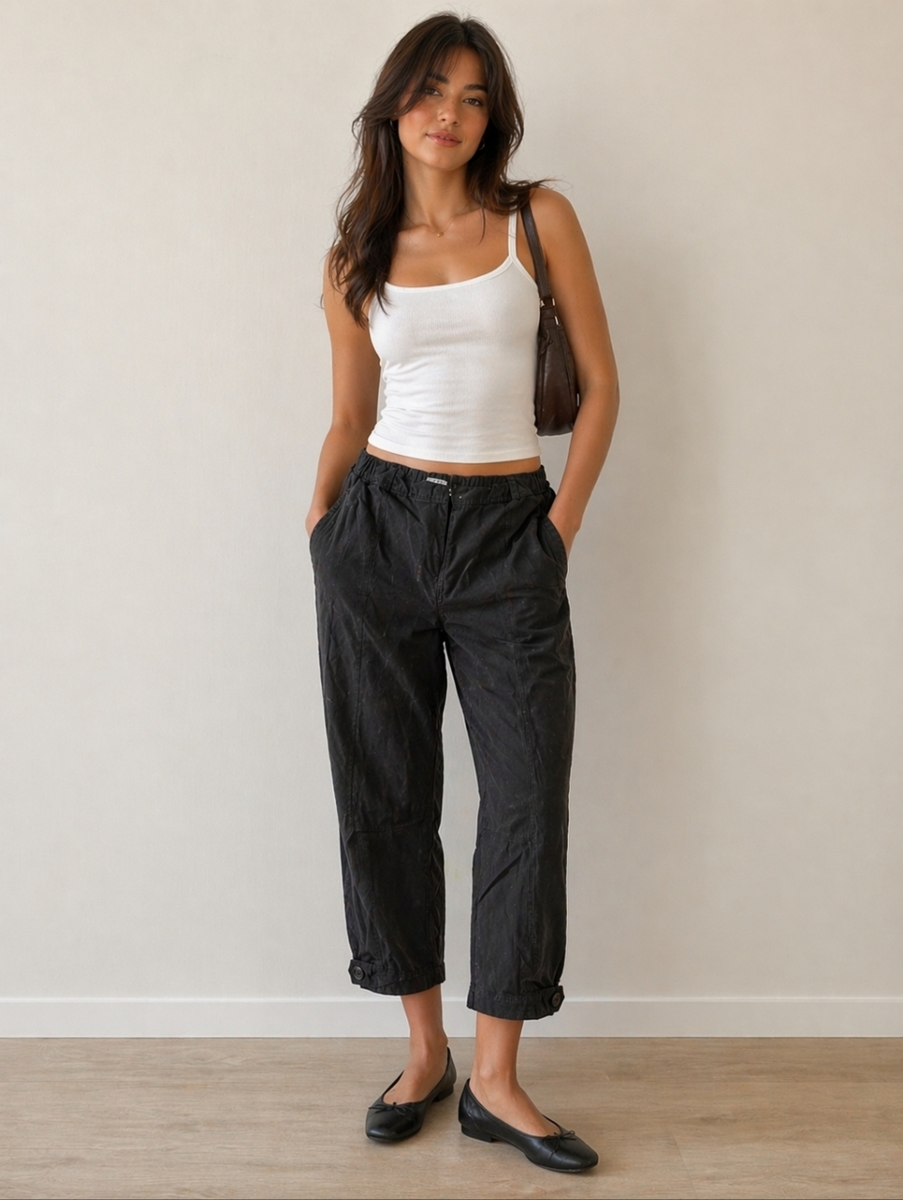 Eileen Fisher Sz Small Black Ankle Pants Genie Style With Button Tencel